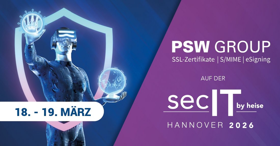Banner zur Veranstaltung „secIT by heise“ vom 18. bis 19. März 2026 in Hannover mit PSW GROUP, dargestellt mit futuristischer Figur vor Schutzschild.