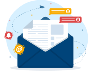 Symbol eines geöffneten Briefumschlags mit Dokument, Sprechblasen und E-Mail-Zeichen Veranschaulicht den Einsatz von speziellen Zertifikaten zur Markenkennzeichnung im E-Mail-Client.