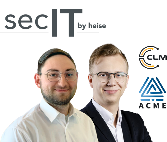 secIT-Logo mit ACME- und CLM-Symbolen darüber. Darunter Mitarbeiter Niklas Fritscher und Franz Adamus als Ansprechpartner der PSW GROUP am Messestand.