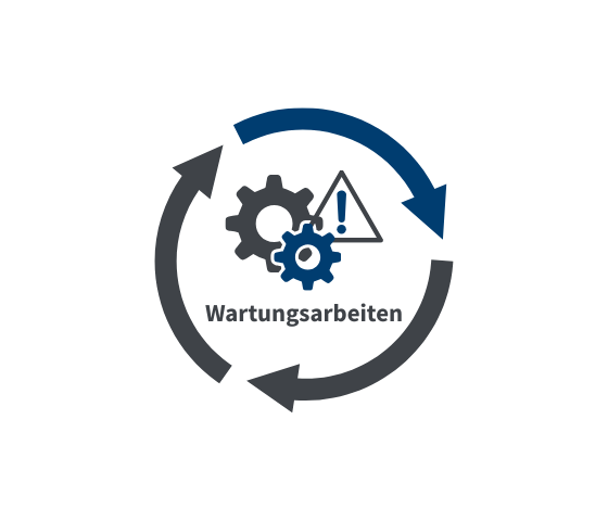 Zahnräder mit Warnsymbol in einem rotierenden Pfeilkreis, darunter Schriftzug „Wartungsarbeiten“