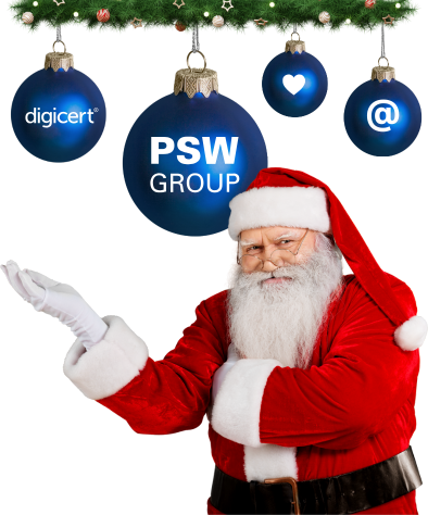 Weihnachtliche Darstellung mit Santa Claus, der auf eine Reihe blauer Christbaumkugeln unter Tannenzweigen zeigt. Kugeln mit Logos und Symbolen: „digicert“, „PSW GROUP“, Herzsymbol und E-Mail-Zeichen. Kontext: Festliche Inszenierung im Umfeld von IT-Security und Zertifikatsanbietern.