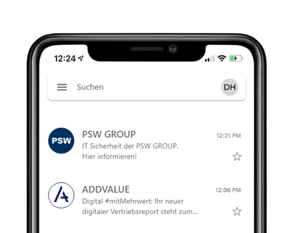 Darstellung eines Smartphone-E-Mail-Posteingangs mit sichtbaren Absenderlogos; veranschaulicht die markenbasierte Absenderverifikation im mobilen E-Mail-Client.