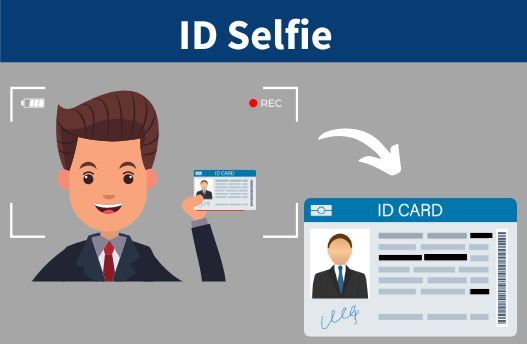 Eine gezeichnete Person hält einen Ausweis hoch und macht ein Selfie für eine ID-Verifizierung.