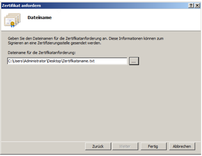 Speichern Sie sich die Zertifikatsanforderung an einer gut zu findenden Stelle und vergeben Sie einen eindeutigen Namen