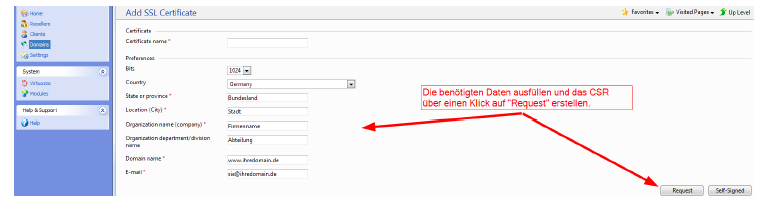 CSR mit dem Plesk 9 Control Panel erstellen