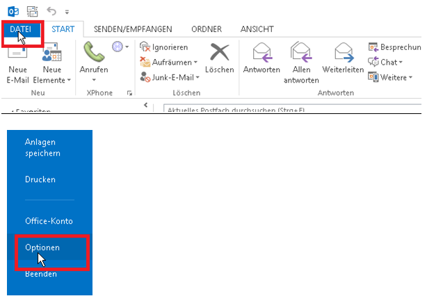 Öffnen Sie Outlook und wählen Sie unter „Datei“ den Punkt „Optionen“.