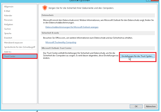 Nun öffnet sich das Outlook-Optionen Fenster. Dort wählen Sie das „Trust Center“ aus und klicken auf den Button „Einstellungen für das Trust Center“.