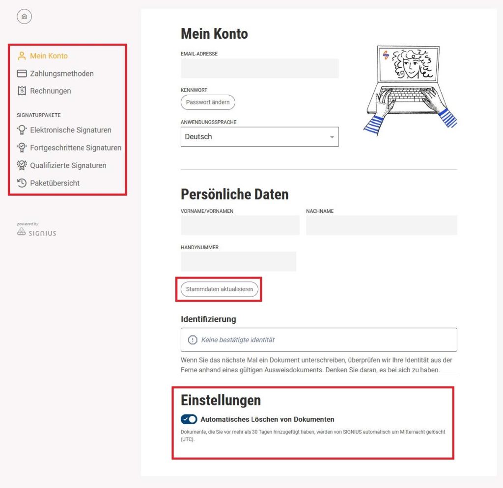 Signius Signaturen Accountverwaltung Mein Konto