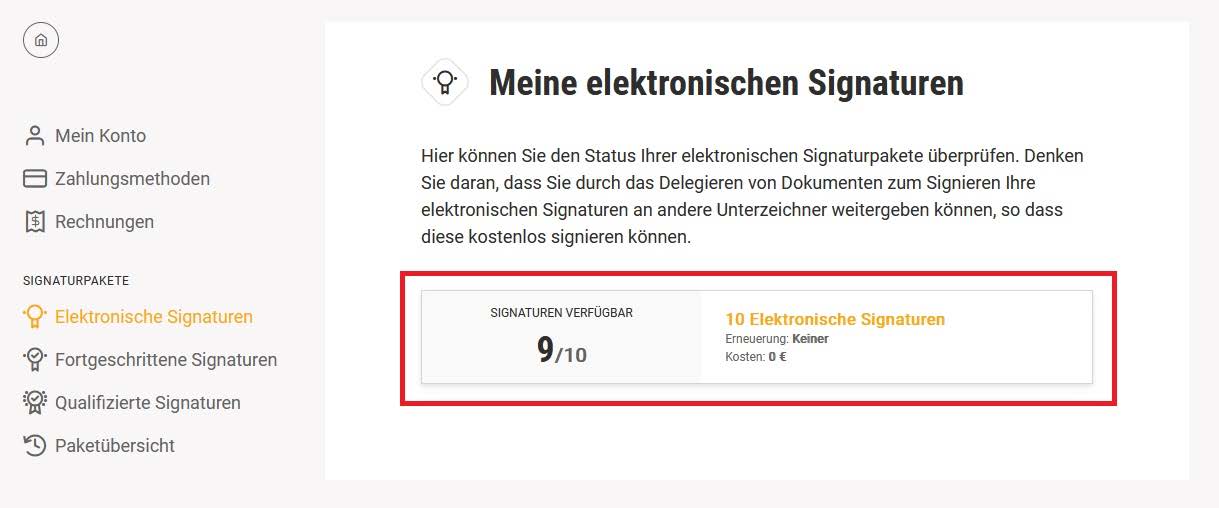 Signius Signaturen Accountverwaltung verfügbare Signaturen