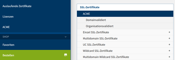 Screenshot der Konsolen-Oberfläche des geöffnetem Bereich „SSL-Zertifikate“ und der Auswahl „ACME“.