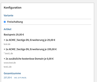 Screenshot des Bereichs „Konfiguration“ auf der rechten Seite des Konsolen-Fensters mit der Zusammenfassung des konfigurierten Produktes.